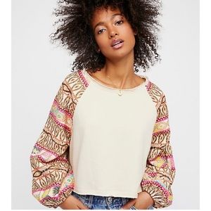 [Free People] Gone Global Crop Sweatshirt Top Embroidered Sleeves
